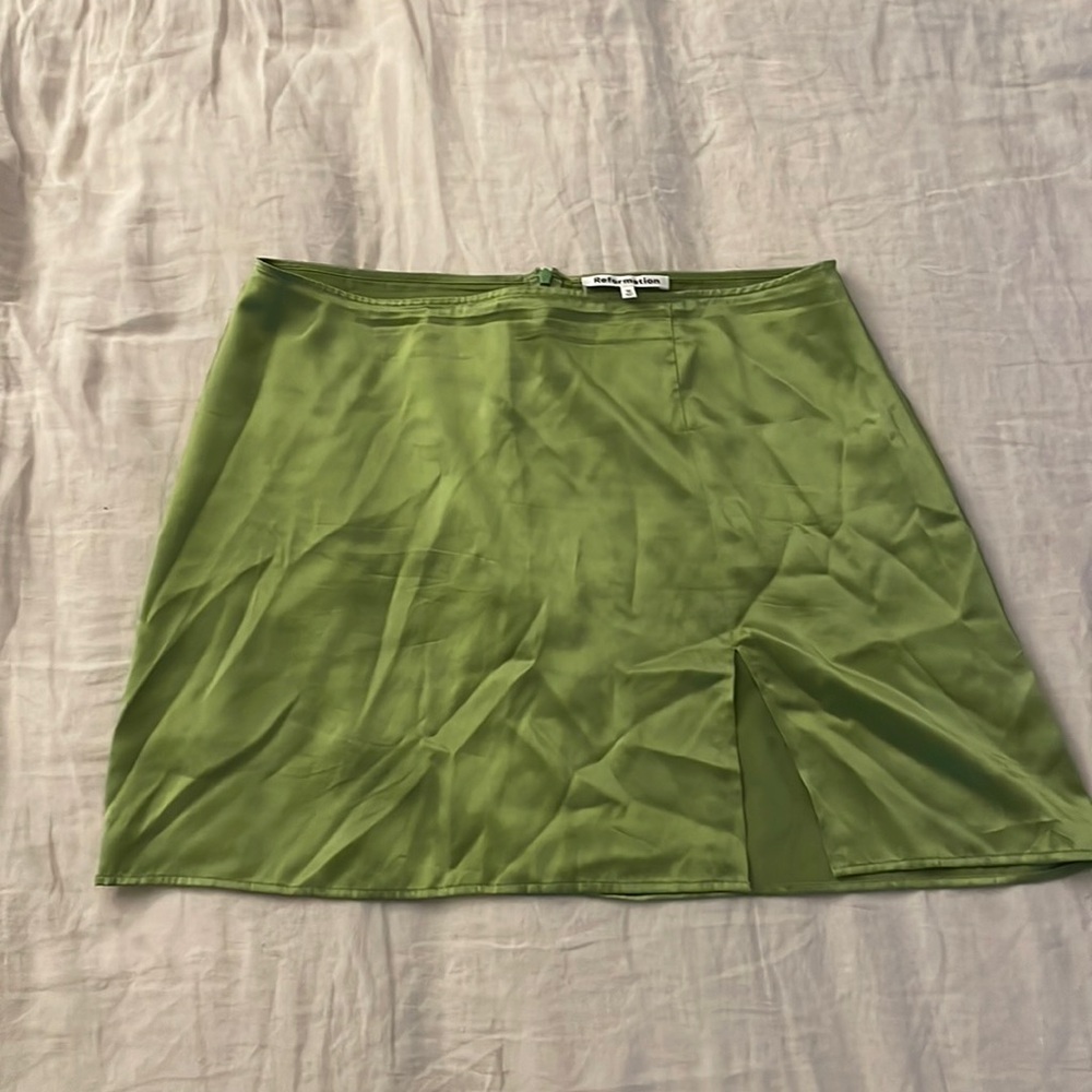 Green Satin Reformation mini skirt with slit Size 10